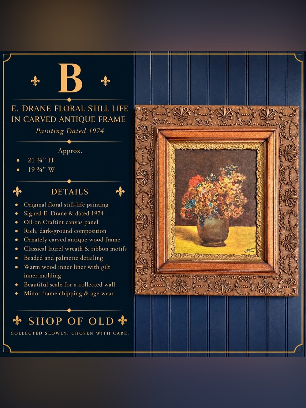Vintage Floral Oil Painting in Ornate Antique Frame | E. Drane 1974